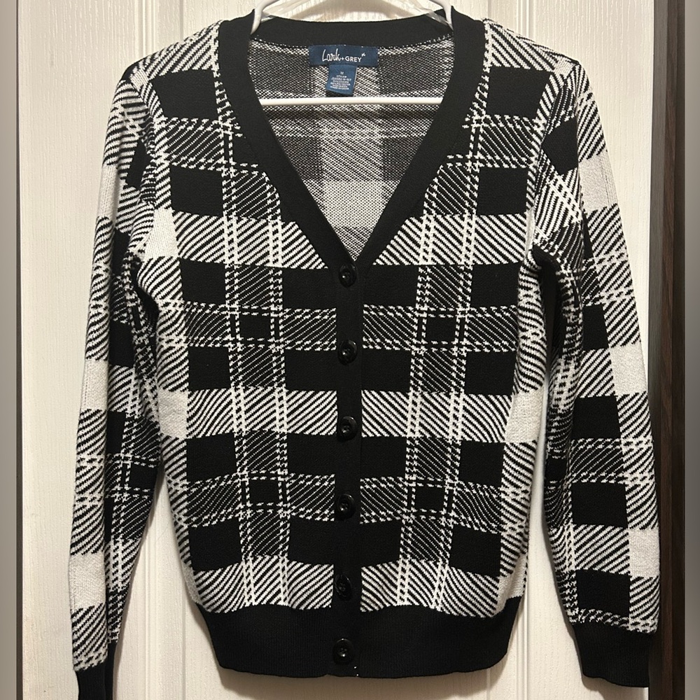 Lark & Grey Plaid Black and White Sweater Cardigan and vest